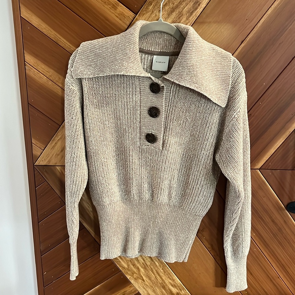 NWT, VARLEY Audrey knit polo sweater, size, small, olive sand color, 100% cotton